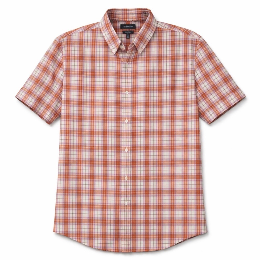 Mens Croft & Barrow Short Sleeve Button Up Size S Easy Care Orange Navy Plaid